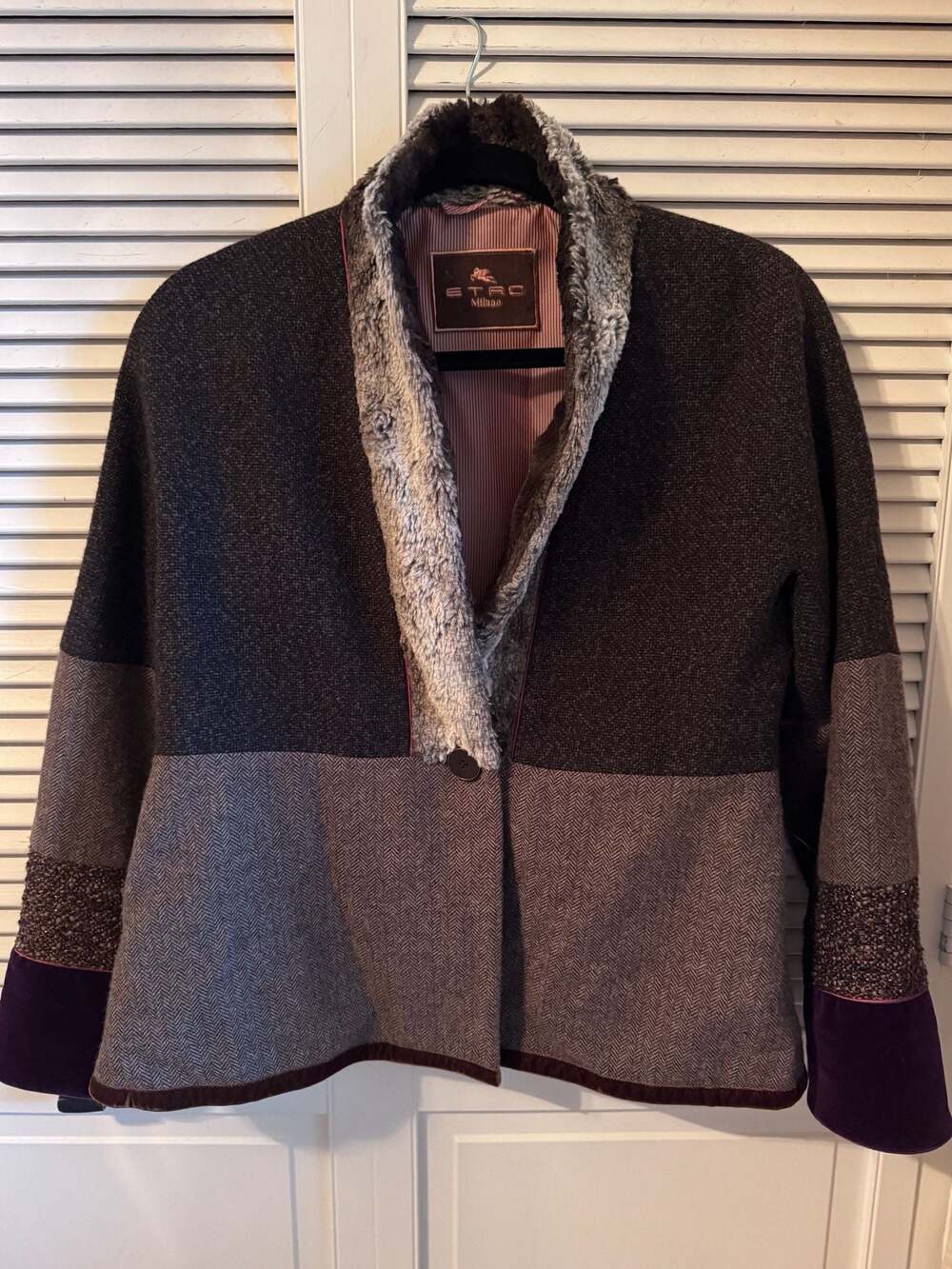 Etro Milano Size 46 Mixed Media Wool Blend Faux Fur Trim Jacket